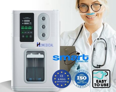 INHALATOR INTELIGENT CU HIDROGEN H2MEDICAL 54 - 108 litri de gaz pe ORĂ (900-1800 ml de gaz pe minut) / Tehnologie PEM și separare 100% a fluxului de gaz / Funcție APĂ HIDROGENATĂ / Ecran LED și control tactil / Program PULSE